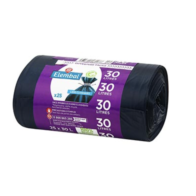 Sacs poubelle 30L Elembal à liens classiques - x25